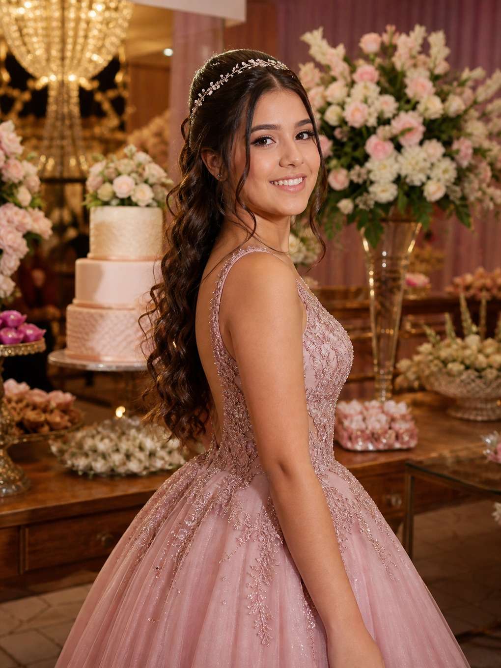 mesa do bolo - exemplo de prompts para penteados de debutante