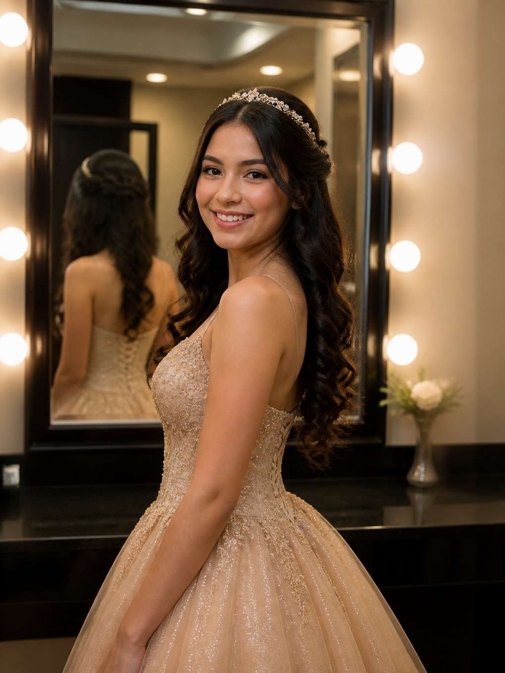 retrato no espelho - exemplo de prompts para penteados de debutante