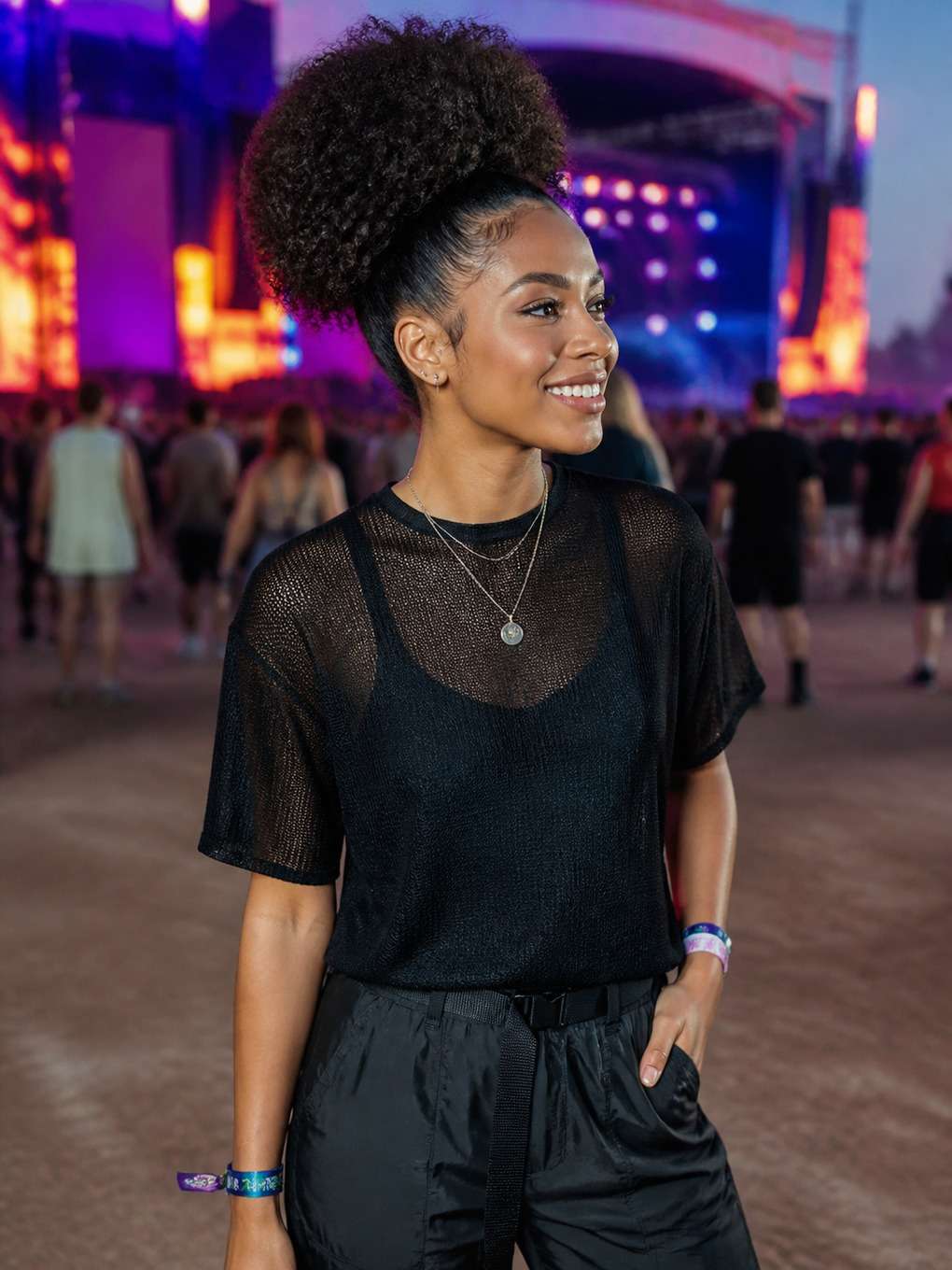 puff afro com acessórios - exemplo de prompts para penteados rock in rio