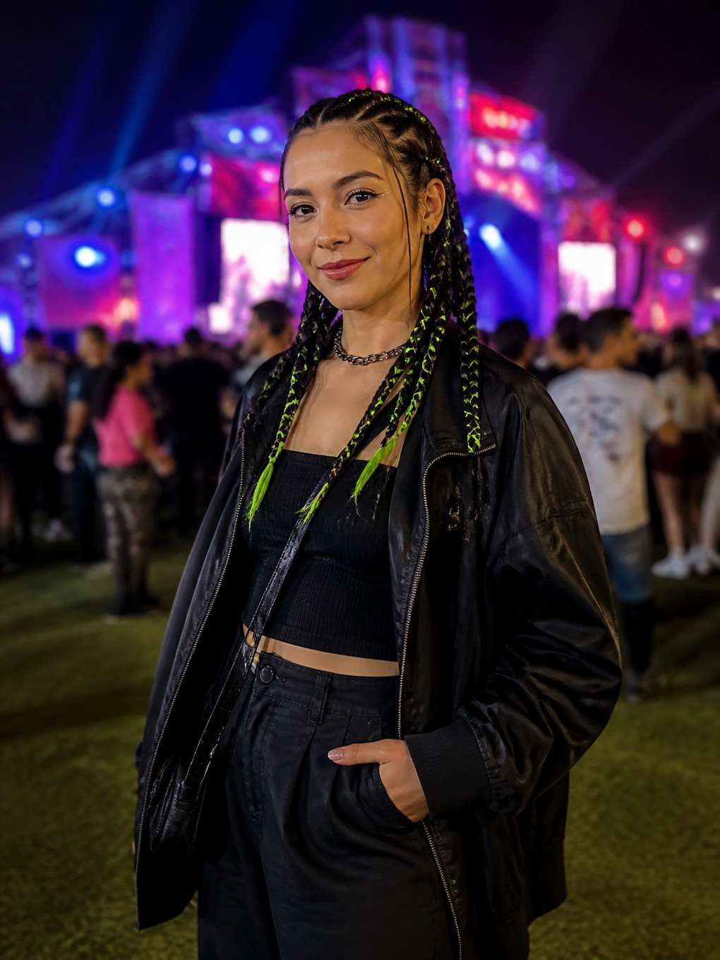 tranças finas com fitas neon - exemplo de prompts para penteados rock in rio