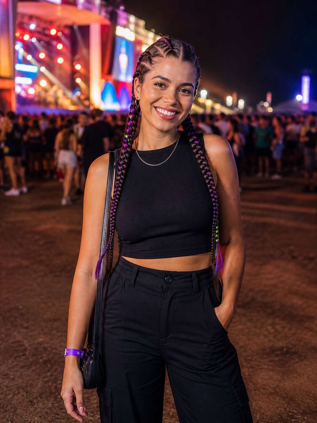trança boxeadora com mechas coloridas - exemplo de prompts para penteados rock in rio