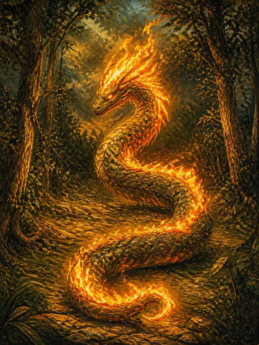 boitatá em pintura a óleo - exemplo de boitatá com
