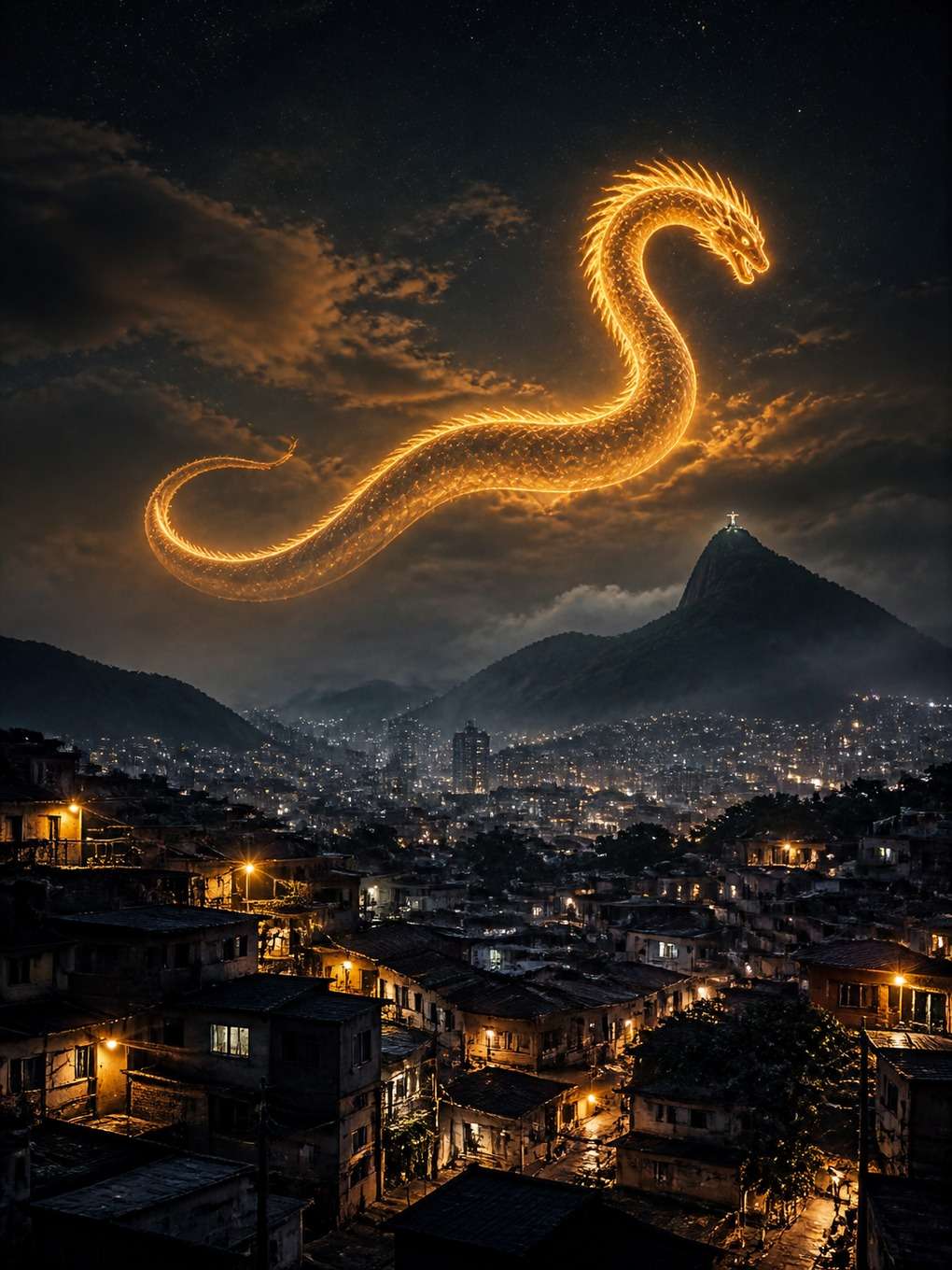 boitatá em favela vista de longe - exemplo de boitatá com