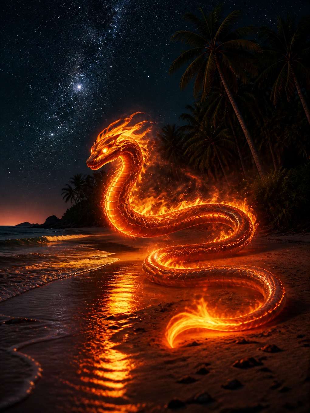 boitatá na praia brasileira à noite - exemplo de boitatá com