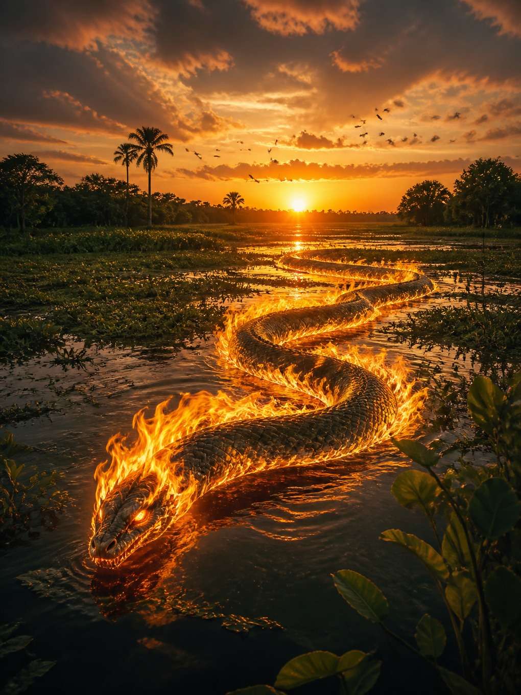 boitatá no pantanal ao entardecer - exemplo de boitatá com