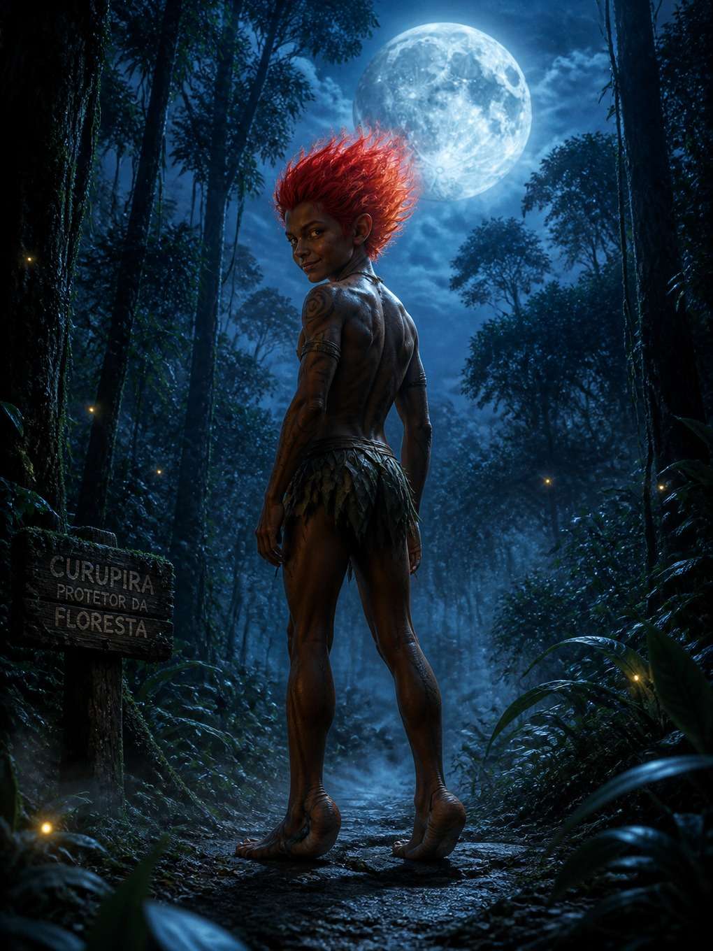 curupira misterioso em noite de lua cheia - exemplo de curupira com