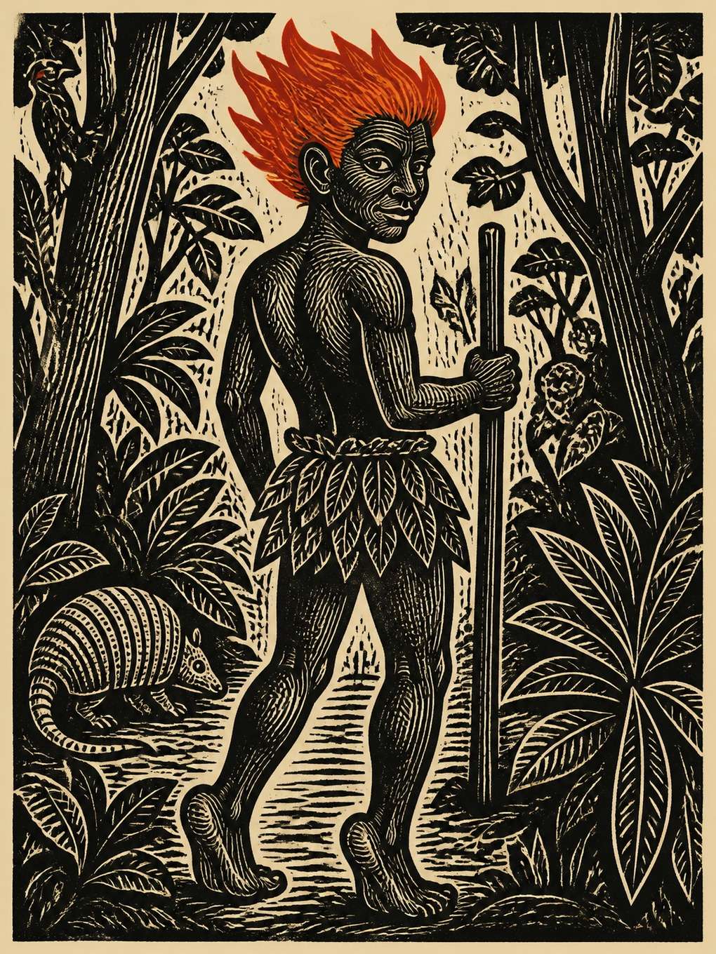 curupira em xilogravura inspirada no brasil - exemplo de curupira com