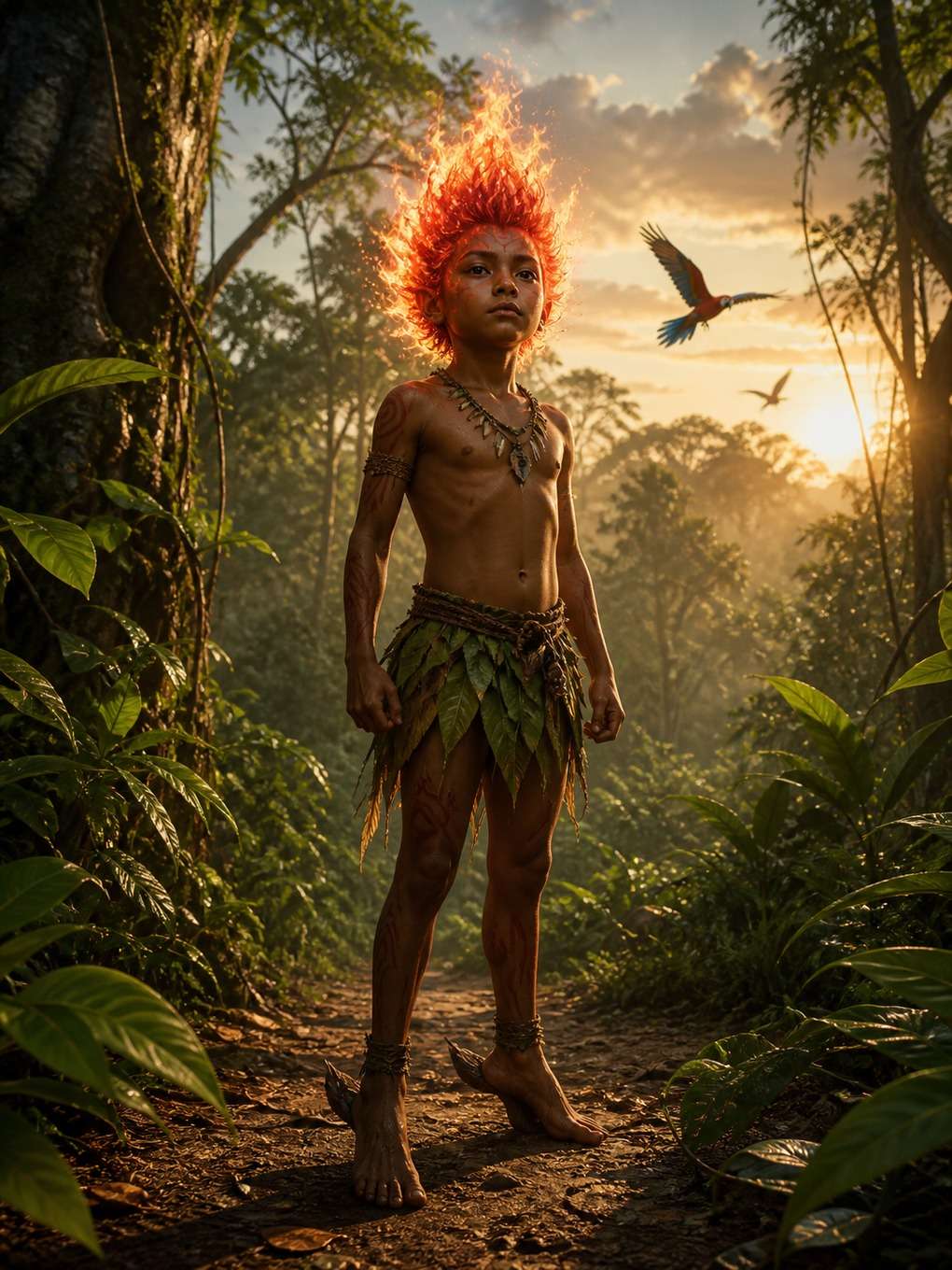 curupira guardião da floresta ao amanhecer - exemplo de curupira com