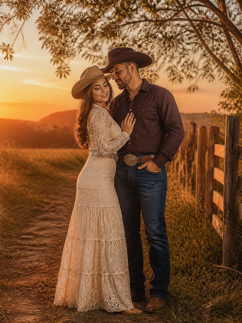 casal sertanejo romântico ao pôr do sol - exemplo de ensaio sertanejo