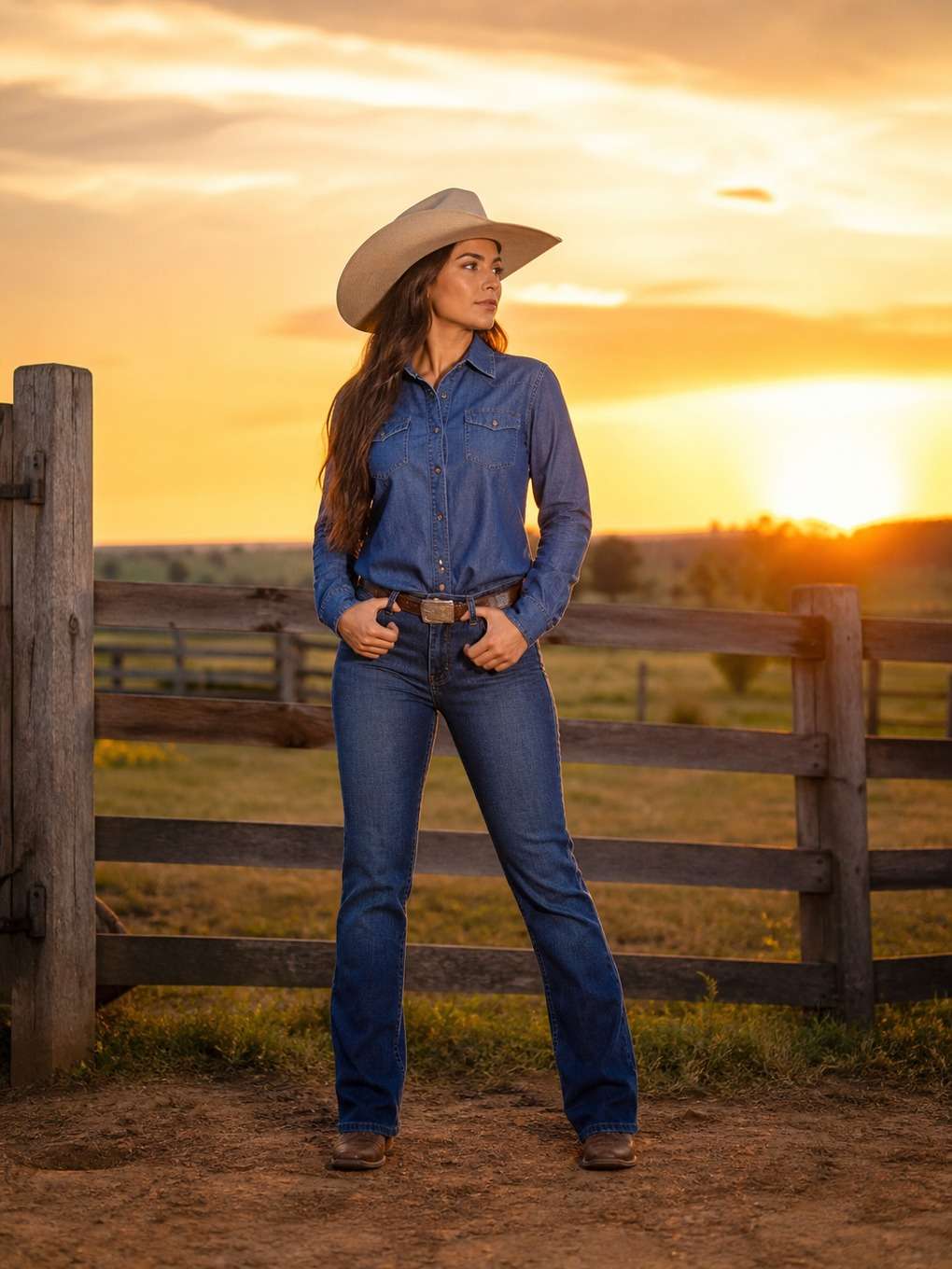 cowgirl clássica na fazenda ao pôr do sol - exemplo de fotos cowgirl