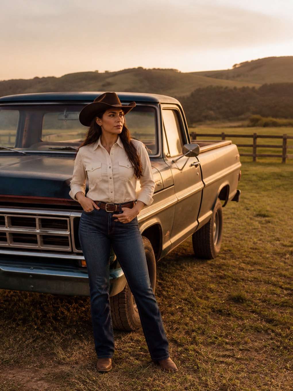cowgirl com pickup antiga no campo - exemplo de fotos cowgirl