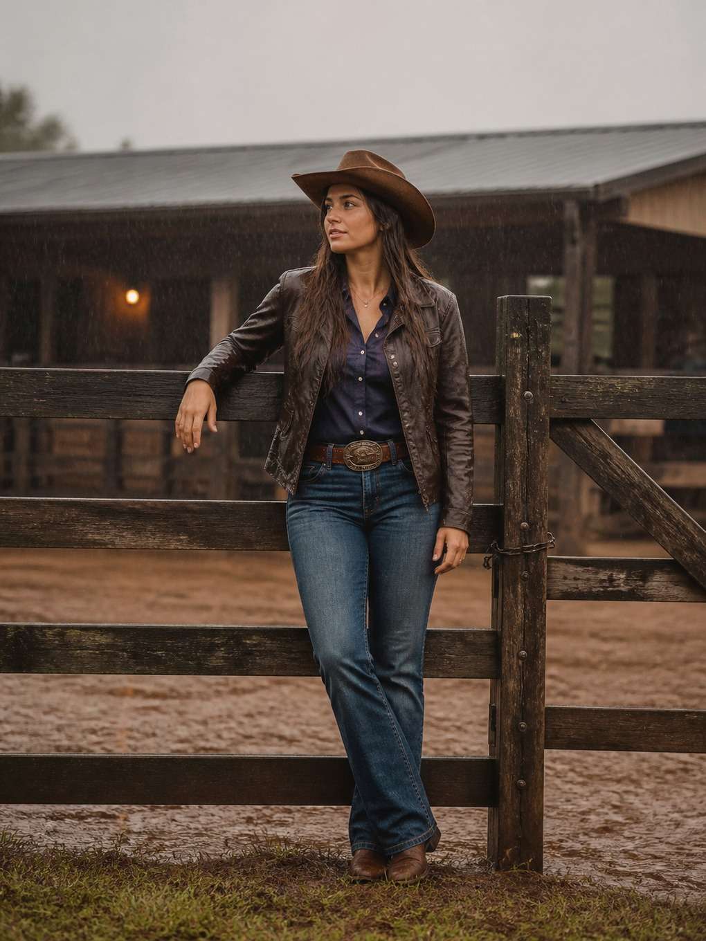 cowgirl com clima de chuva leve no rancho - exemplo de fotos cowgirl