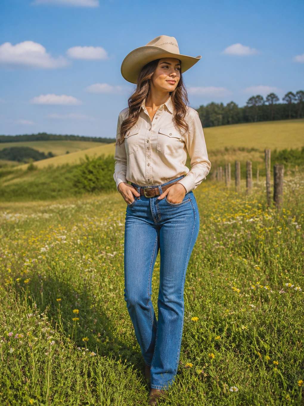 cowgirl em campo com flores silvestres - exemplo de fotos cowgirl
