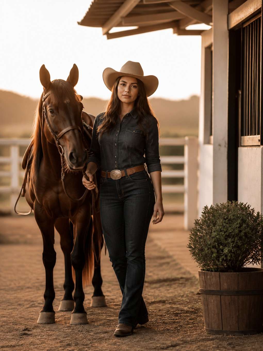 cowgirl em haras com atmosfera refinada - exemplo de fotos cowgirl