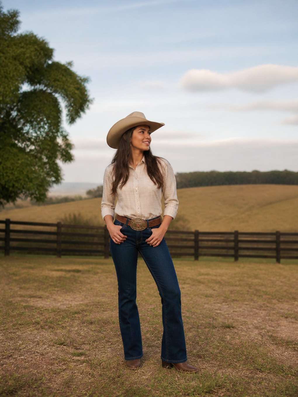 cowgirl em parque rural com céu aberto - exemplo de fotos cowgirl