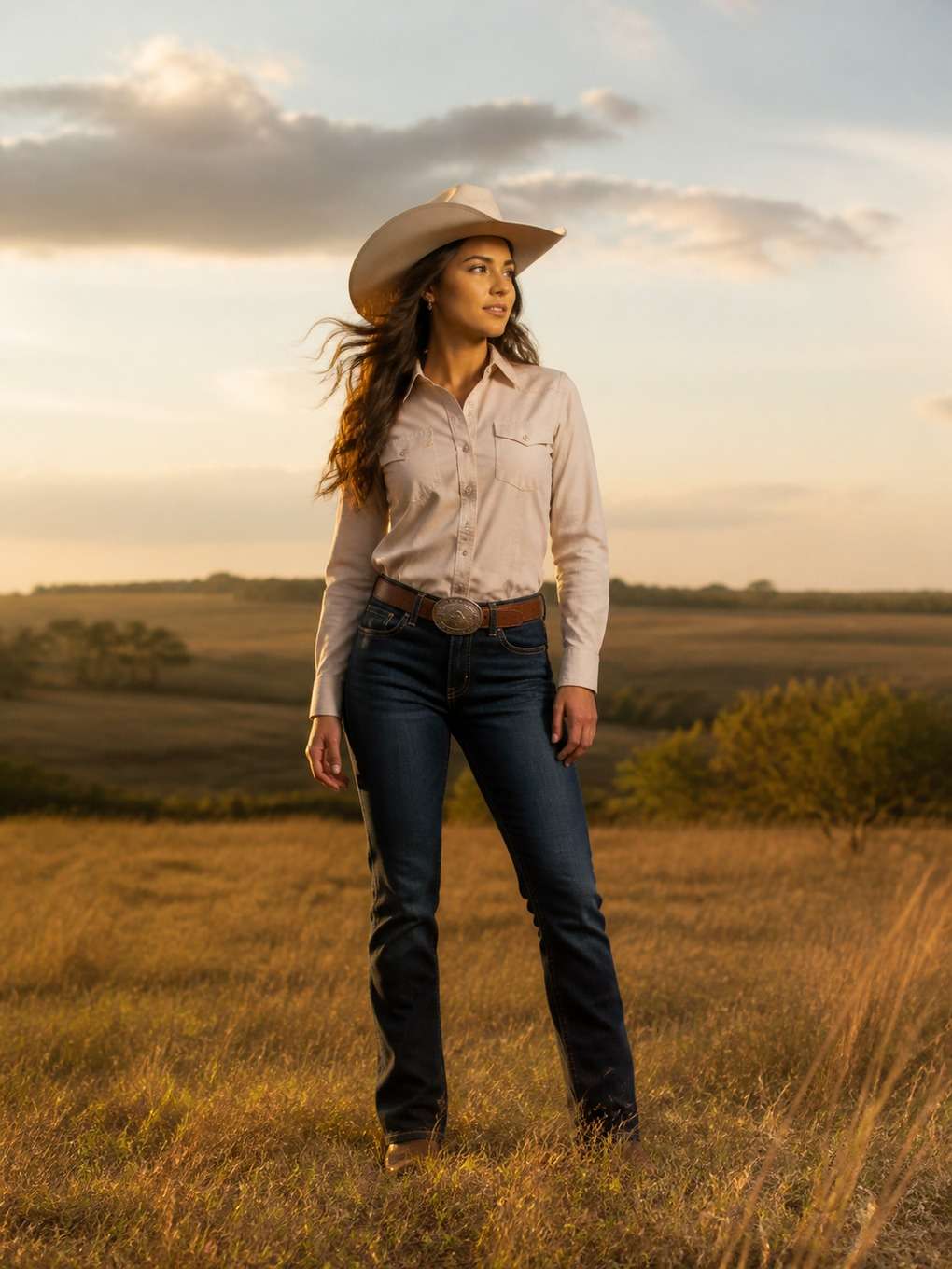 cowgirl em campo aberto com vento leve - exemplo de fotos cowgirl