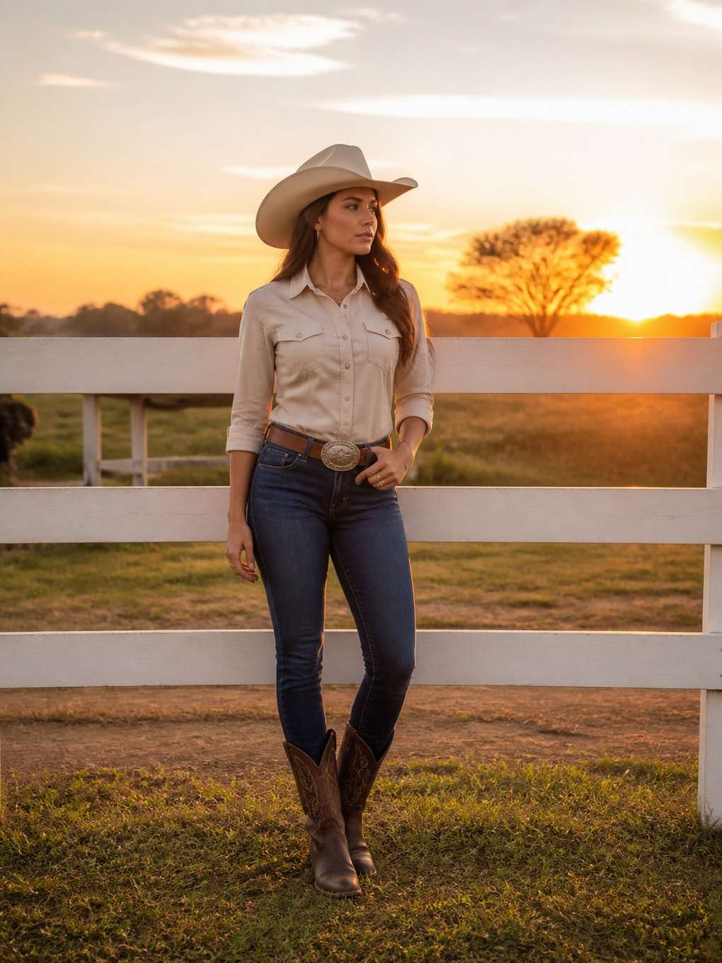 cowgirl com pôr do sol e cerca branca - exemplo de fotos cowgirl