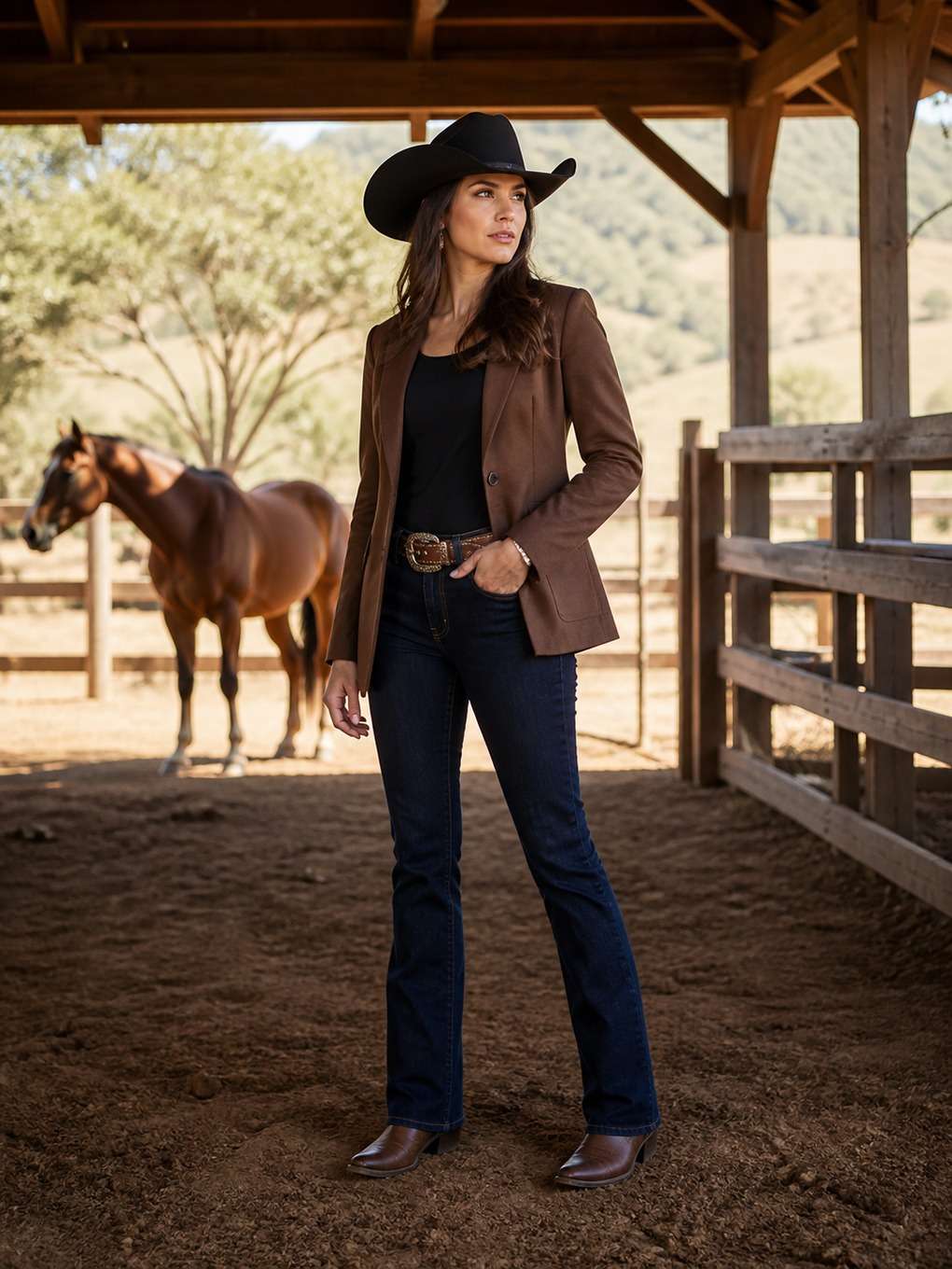 cowgirl elegante com cavalo ao fundo - exemplo de fotos cowgirl