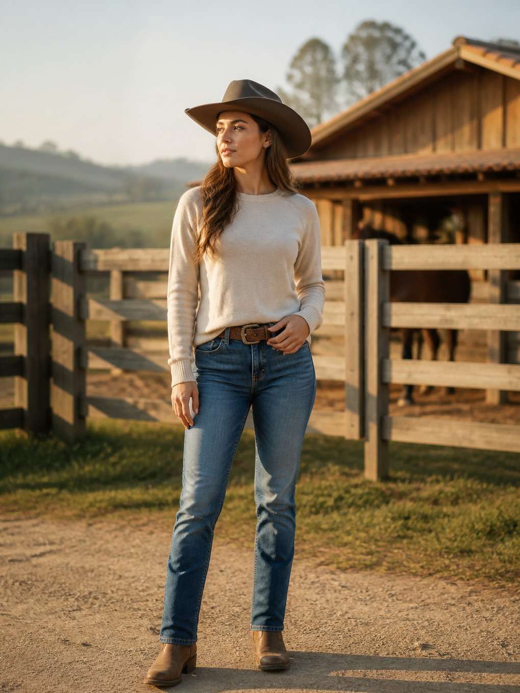 cowgirl com clima de manhã na fazenda - exemplo de fotos cowgirl