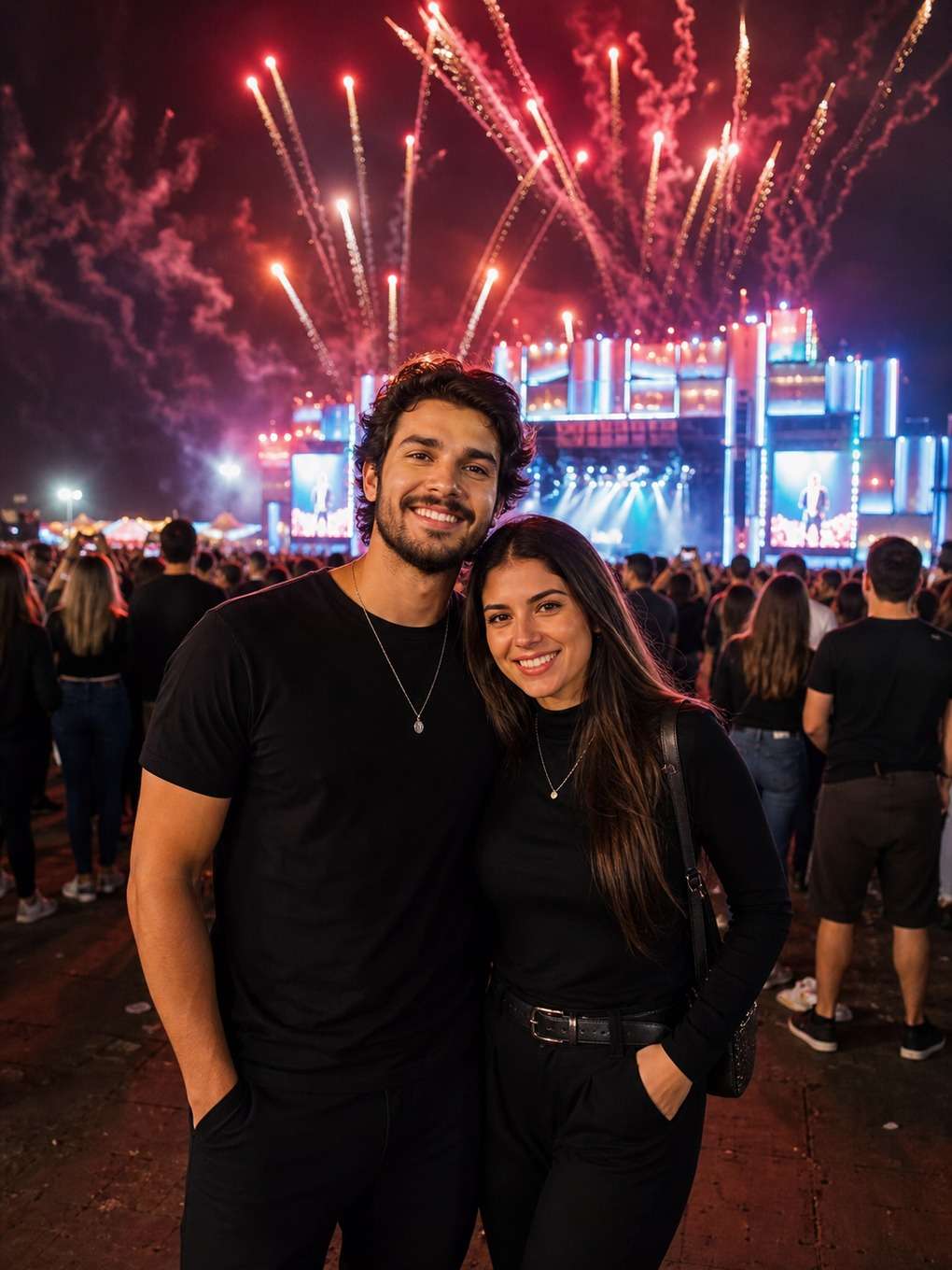 retrato romântico com fogos ao fundo - exemplo de fotos de casal no rock in rio