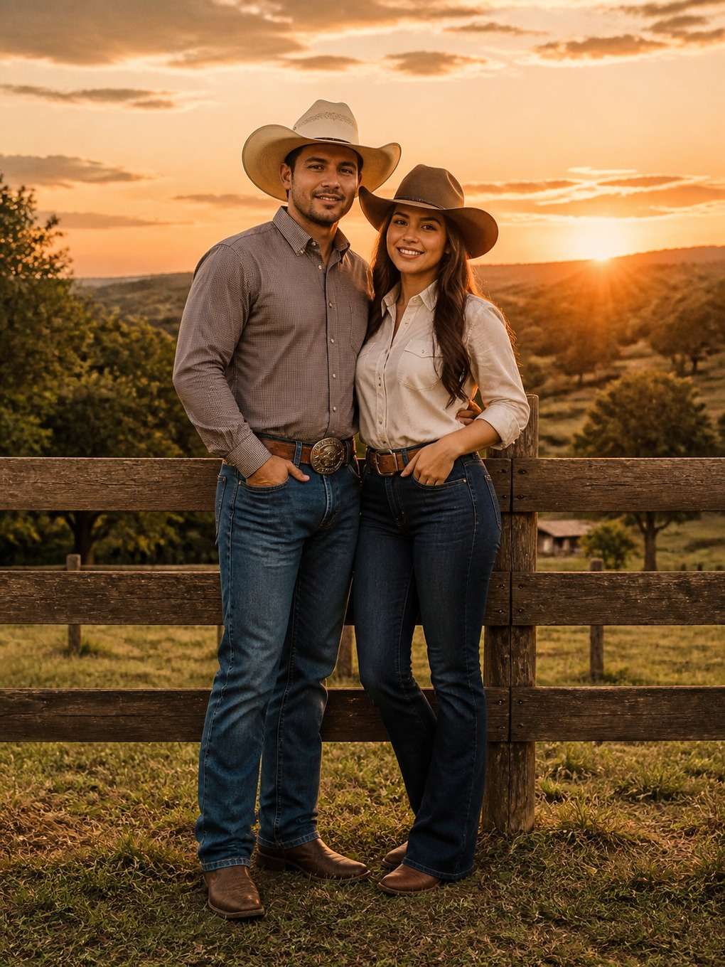 casal sertanejo na fazenda ao pôr do sol - exemplo de fotos de casal sertanejo