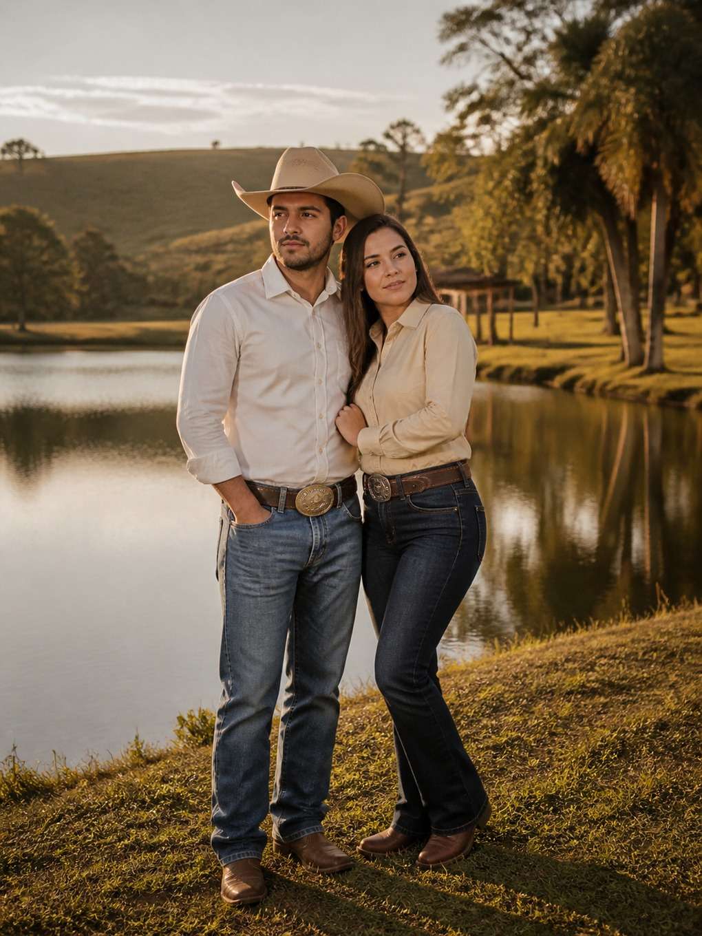 casal sertanejo à beira de lago na fazenda - exemplo de fotos de casal sertanejo