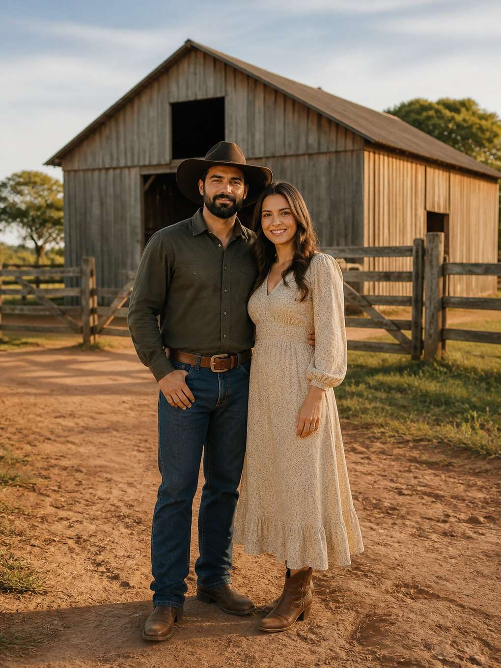 casal sertanejo em frente ao celeiro - exemplo de fotos de casal sertanejo