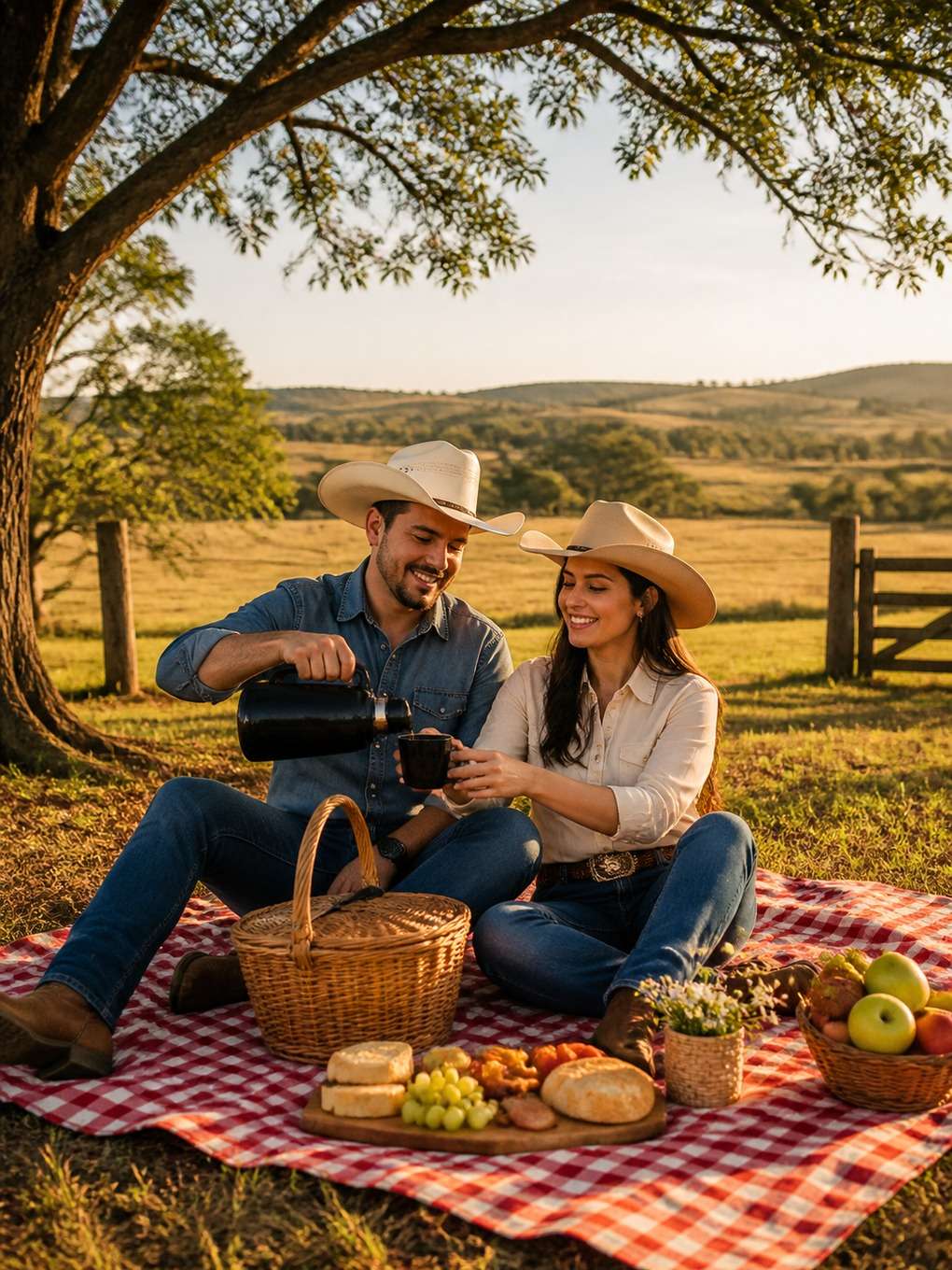 casal sertanejo em piquenique rural - exemplo de fotos de casal sertanejo