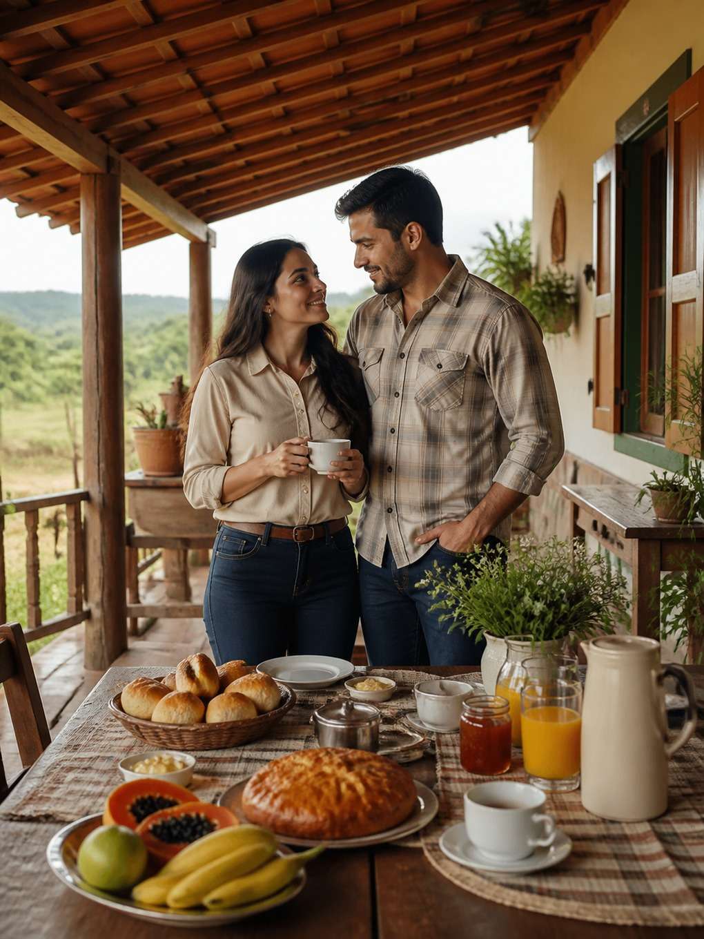 casal sertanejo em varanda com café da manhã - exemplo de fotos de casal sertanejo