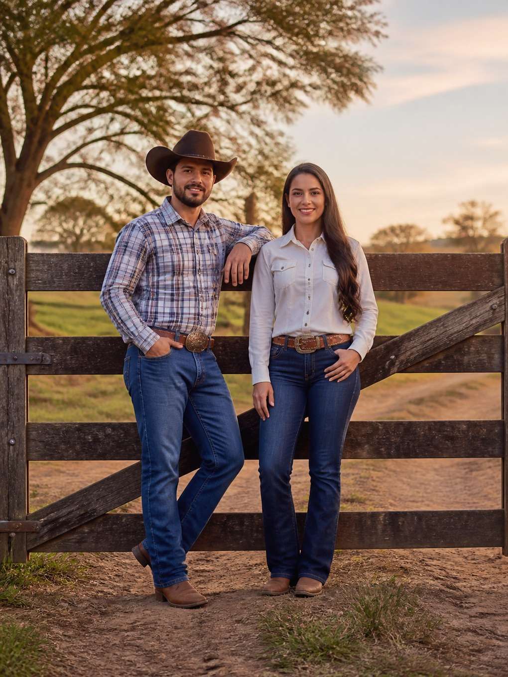 casal sertanejo na porteira da fazenda - exemplo de fotos de casal sertanejo