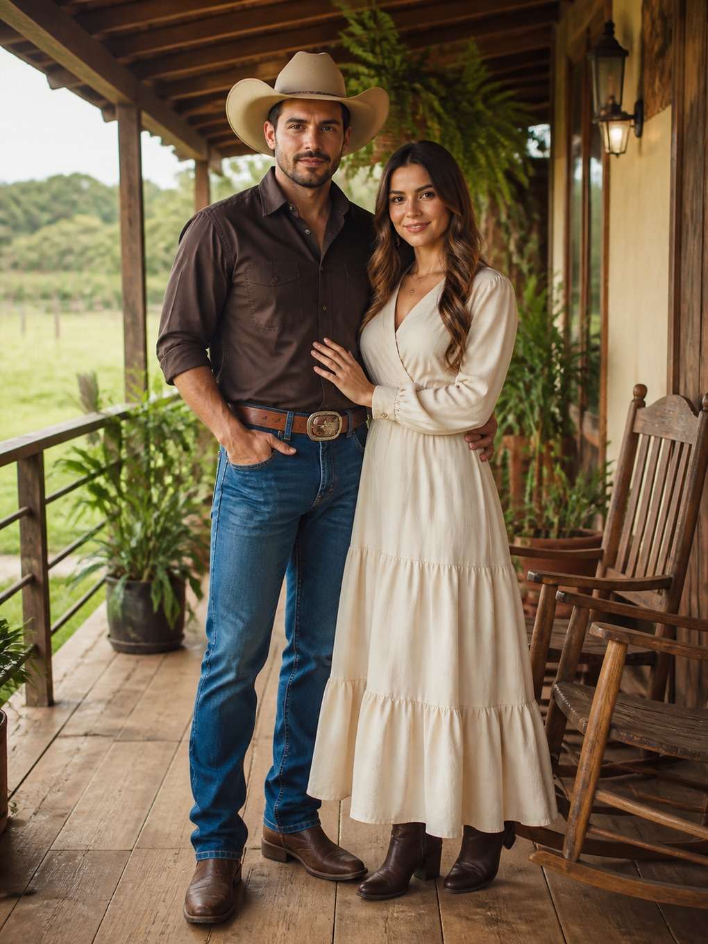 casal sertanejo na varanda de casa de interior - exemplo de fotos de casal sertanejo
