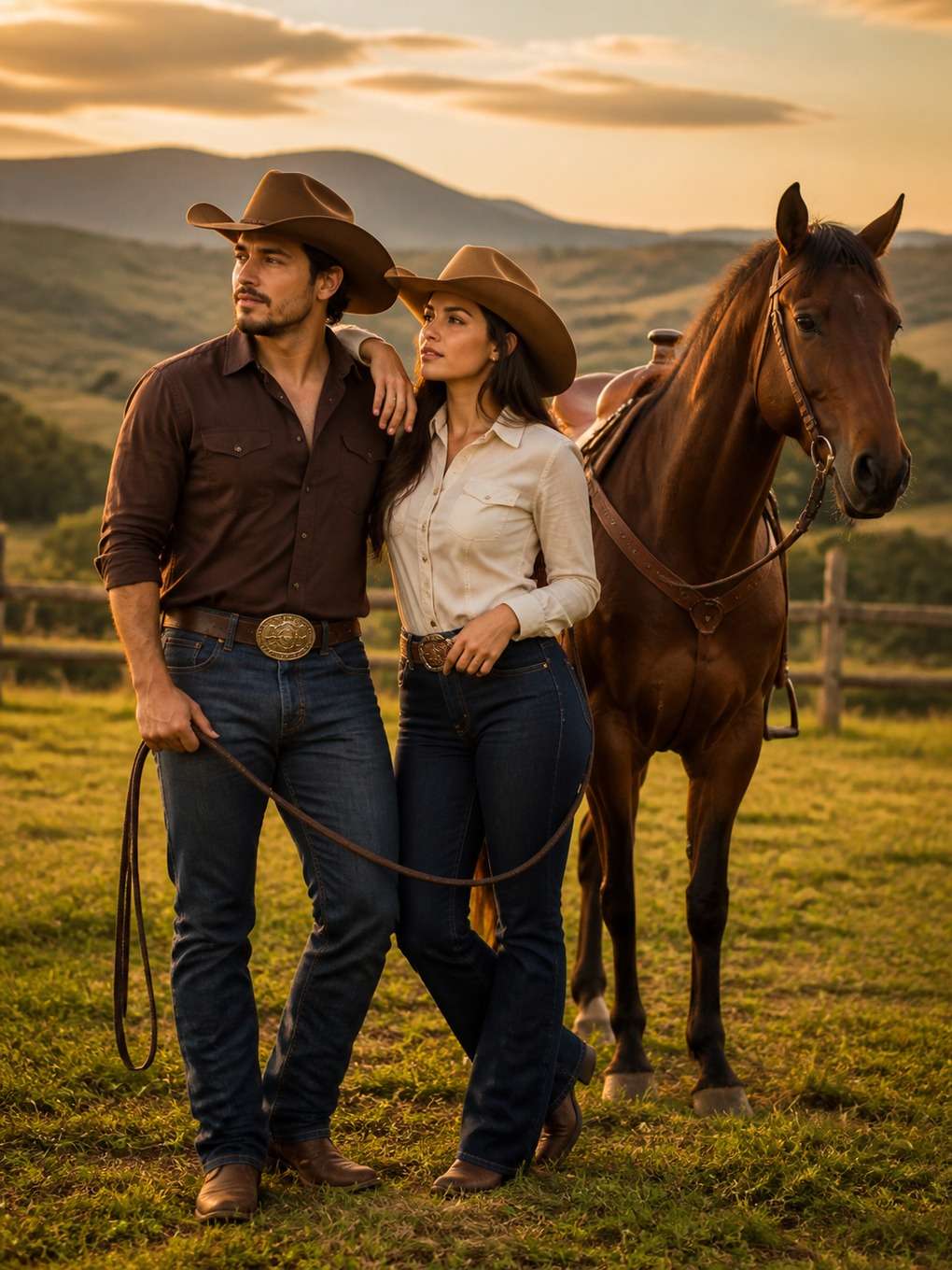 casal sertanejo com cavalo no campo - exemplo de fotos de casal sertanejo