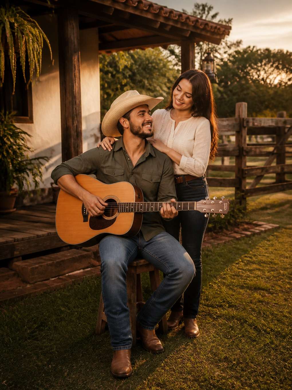 casal sertanejo com violão no quintal - exemplo de fotos de casal sertanejo