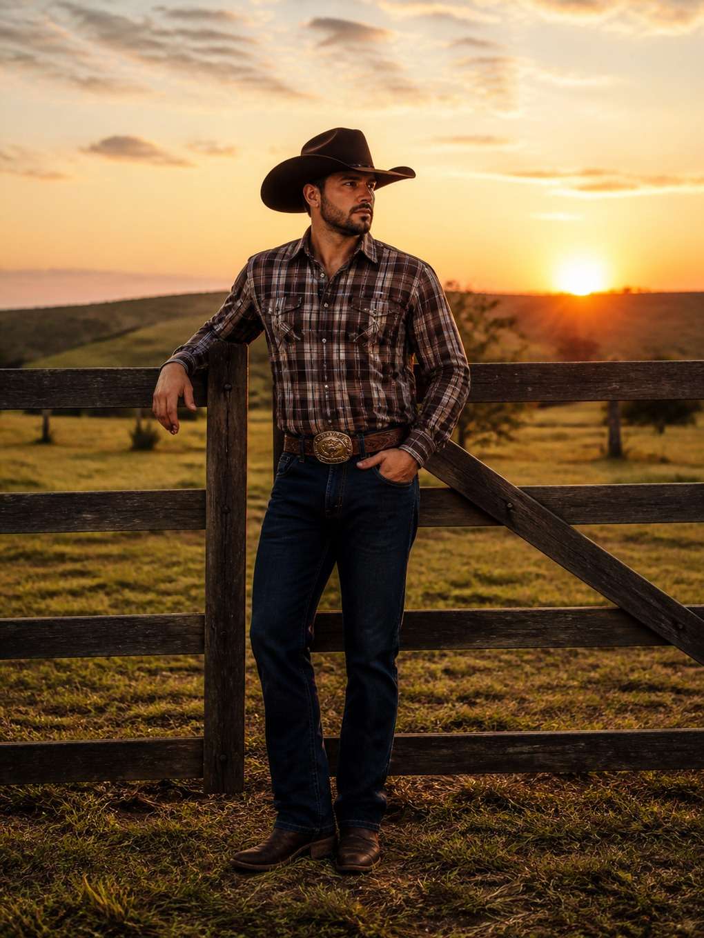 cowboy clássico em fazenda ao pôr do sol - exemplo de fotos de cowboy masculino