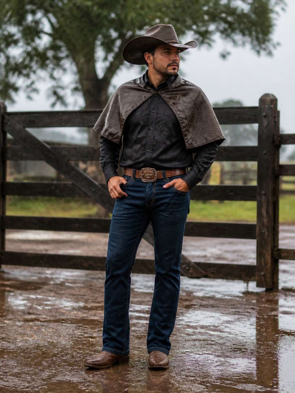 cowboy na chuva leve do campo - exemplo de fotos de cowboy masculino