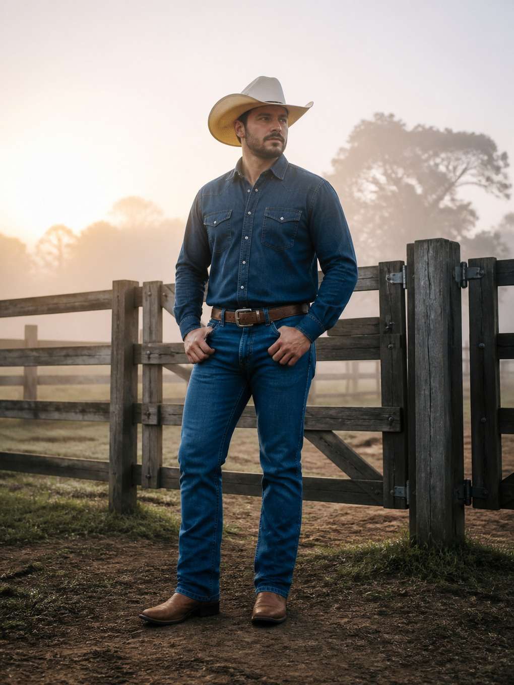 cowboy em amanhecer na fazenda - exemplo de fotos de cowboy masculino