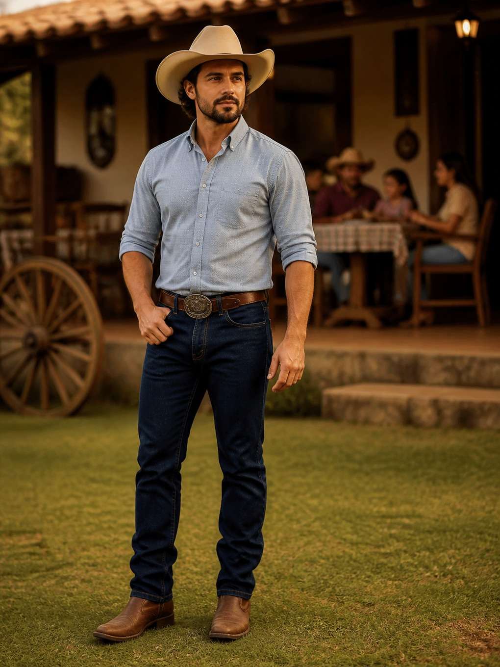 cowboy com família ao fundo em ambiente rural - exemplo de fotos de cowboy masculino