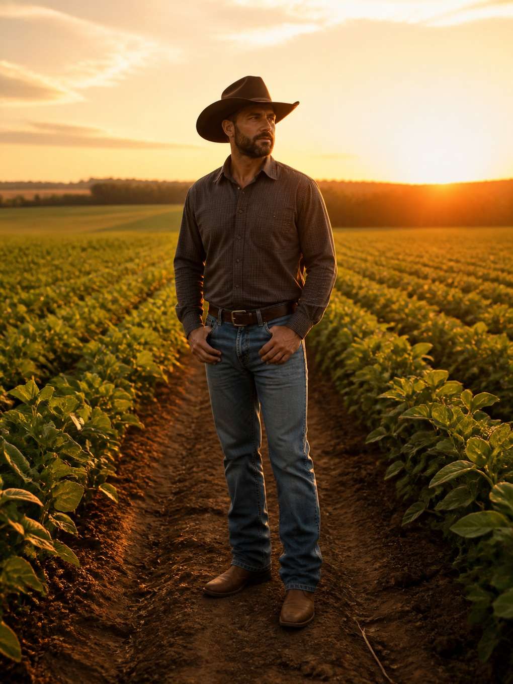 cowboy em plantação ao entardecer - exemplo de fotos de cowboy masculino