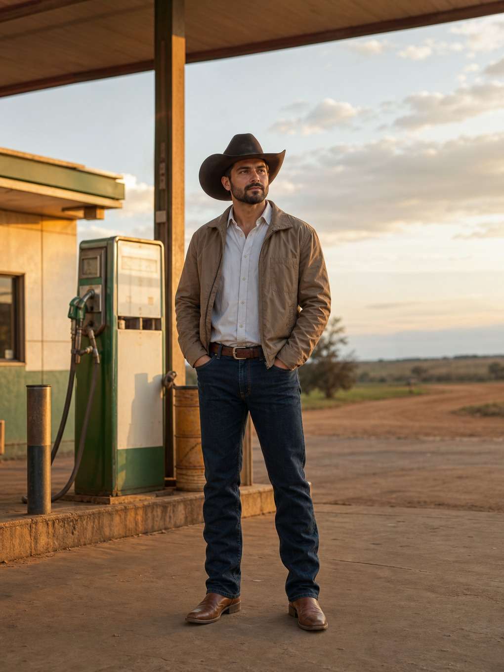 cowboy em posto de gasolina de estrada - exemplo de fotos de cowboy masculino