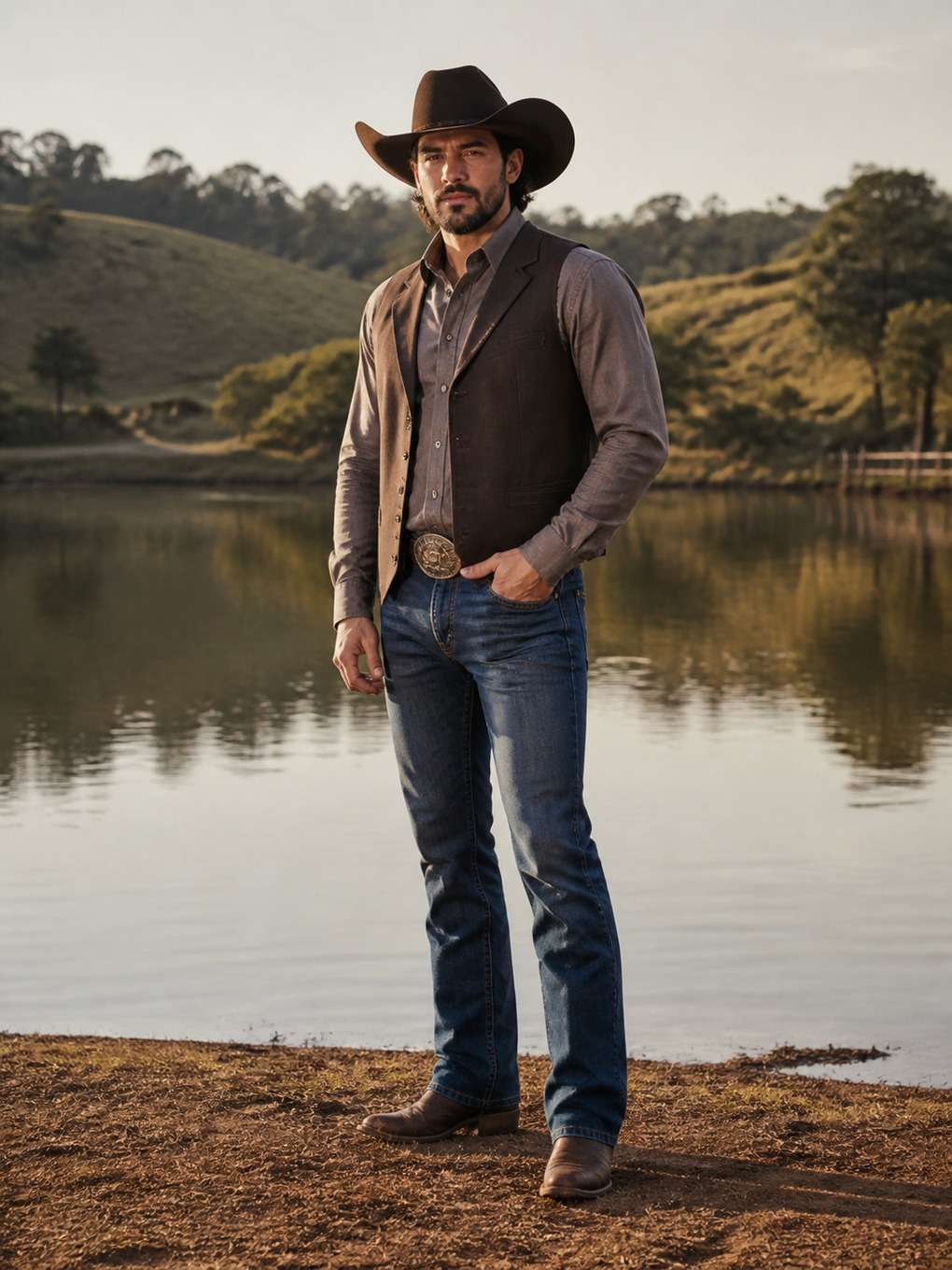 cowboy à beira de lago rural - exemplo de fotos de cowboy masculino