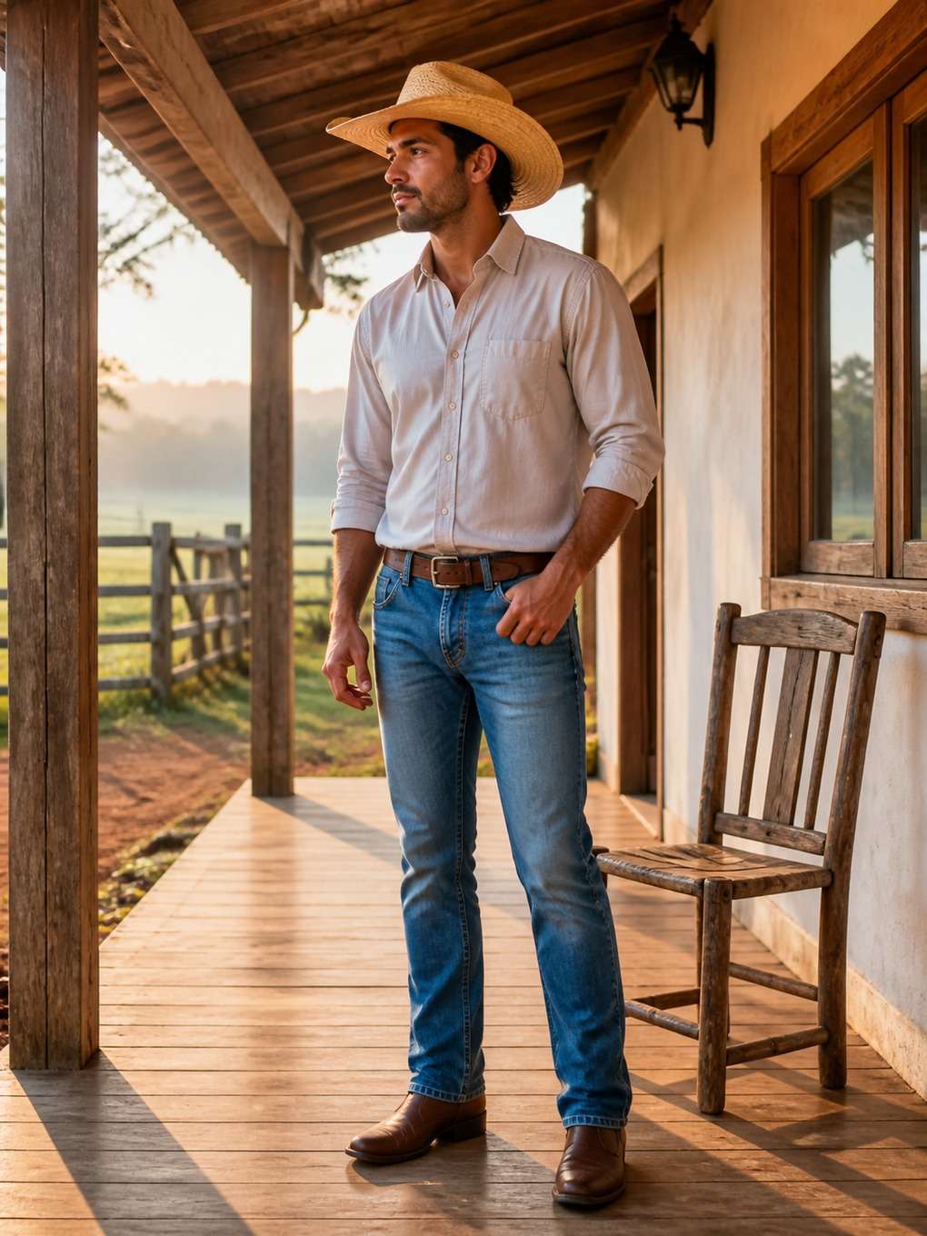 cowboy na varanda da casa de fazenda - exemplo de fotos de cowboy masculino