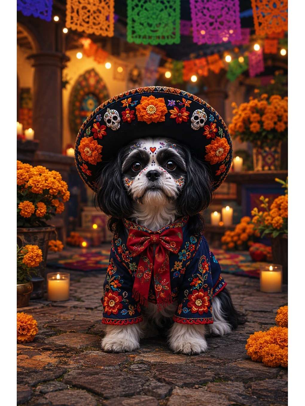 sombrero florido e traje bordado - exemplo de fotos de pets no dia dos mortos