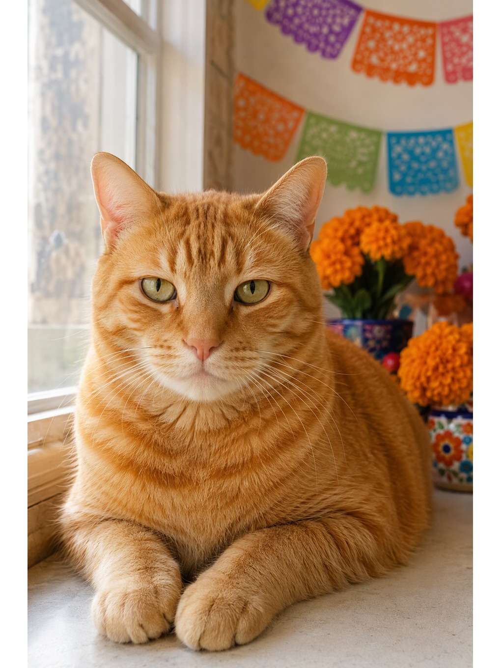 gato natural entre cores mexicanas - exemplo de fotos de pets no dia dos mortos