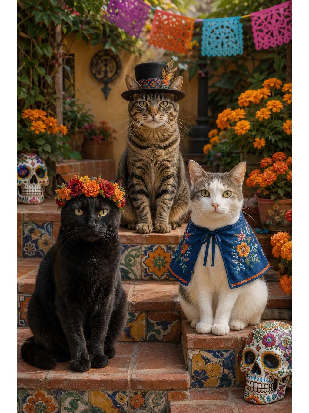 trio de gatos na celebração - exemplo de fotos de pets no dia dos mortos
