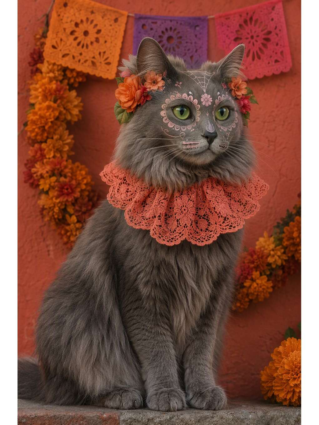 gata catrina de renda coral - exemplo de fotos de pets no dia dos mortos