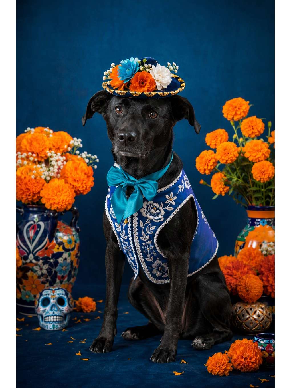 traje azul bordado em estúdio - exemplo de fotos de pets no dia dos mortos