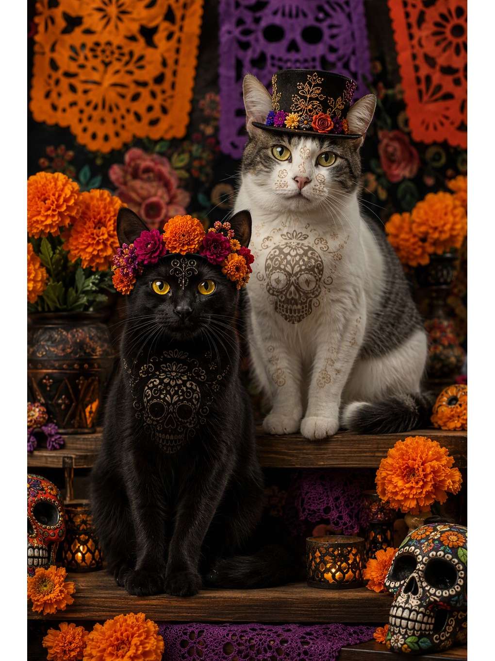 dupla felina de catrina e catrín - exemplo de fotos de pets no dia dos mortos