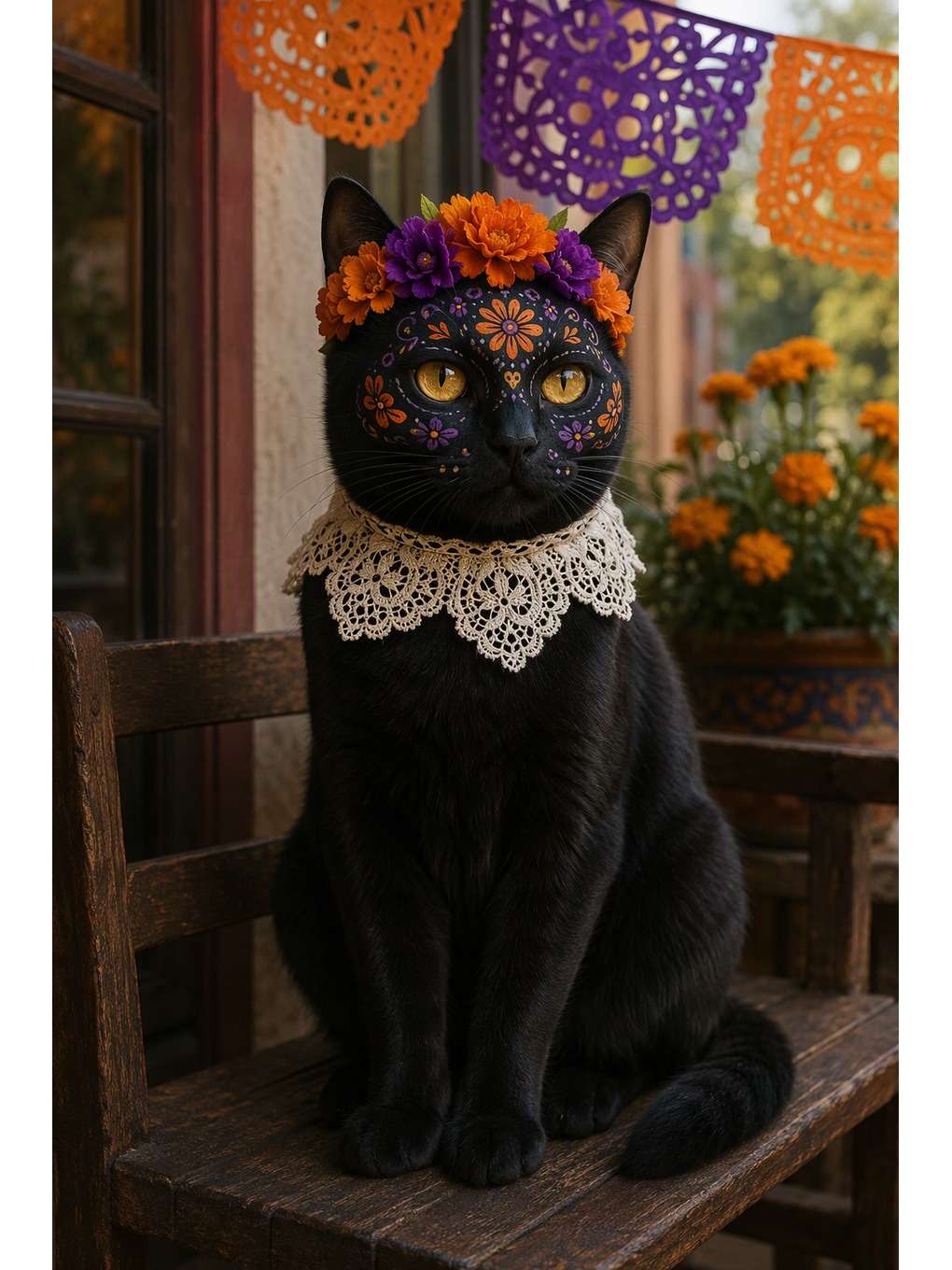 gata catrina com coroa floral - exemplo de fotos de pets no dia dos mortos