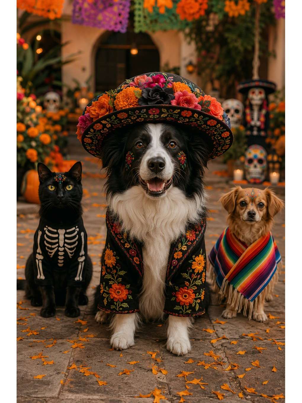 três pets em cortejo festivo - exemplo de fotos de pets no dia dos mortos