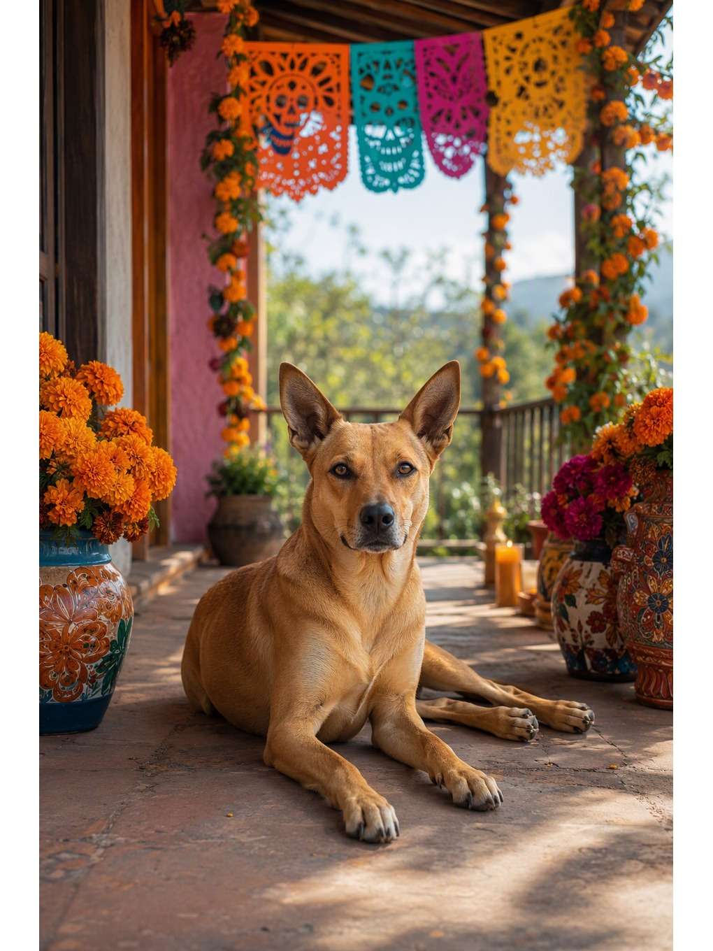 cachorro com flores na varanda - exemplo de fotos de pets no dia dos mortos